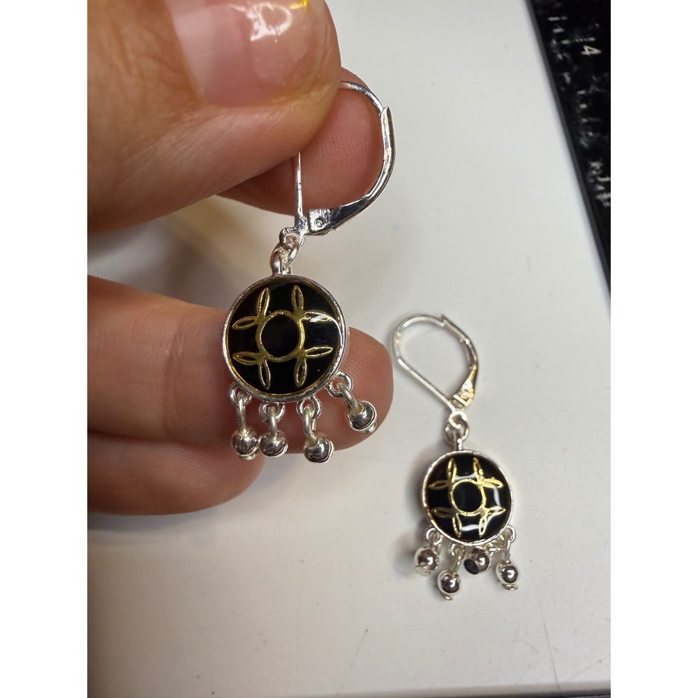 Black Enamel Celtic Knot Leverback Drop Earrings with Ball Charms Silver Tone